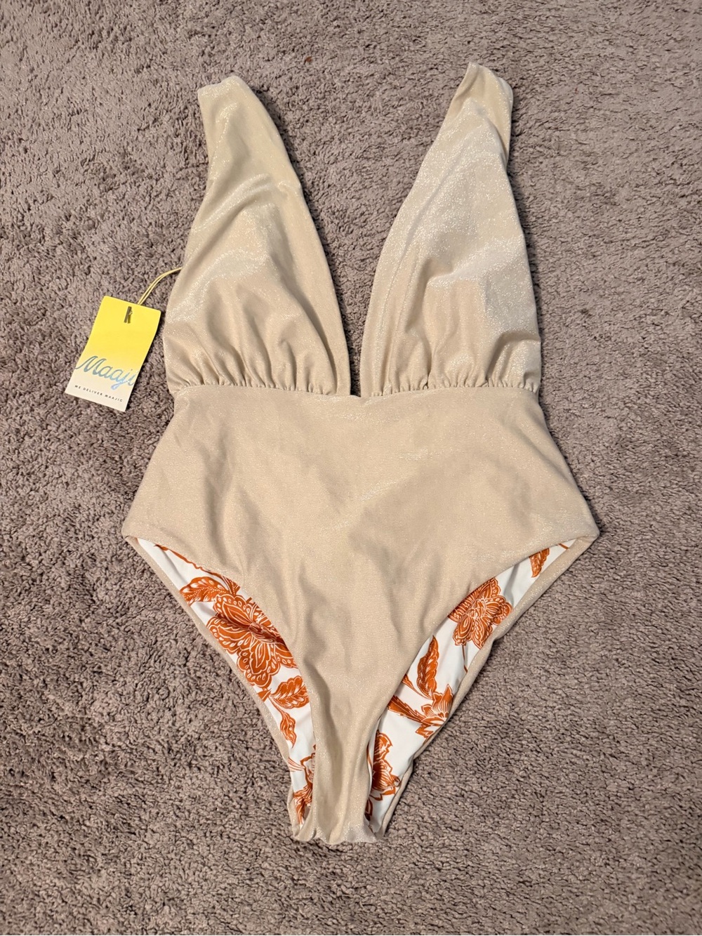Maaji Shimmer Beige One-Piece with Orange Floral Lining